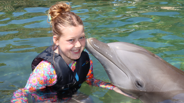 Kyleigh swims with a dolphin