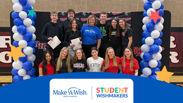 Make-A-Wish North Dakota and Student WishMakers logos with group of students
